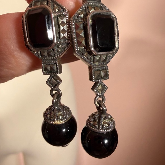Judith Jack vintage Art Deco Sterling silver Onyx Dangle Earrings - Picture 12 of 16